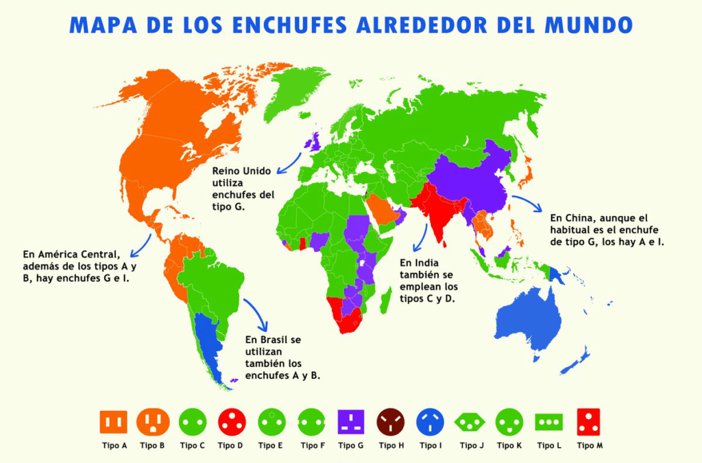 mapa de enchufes en el mundo