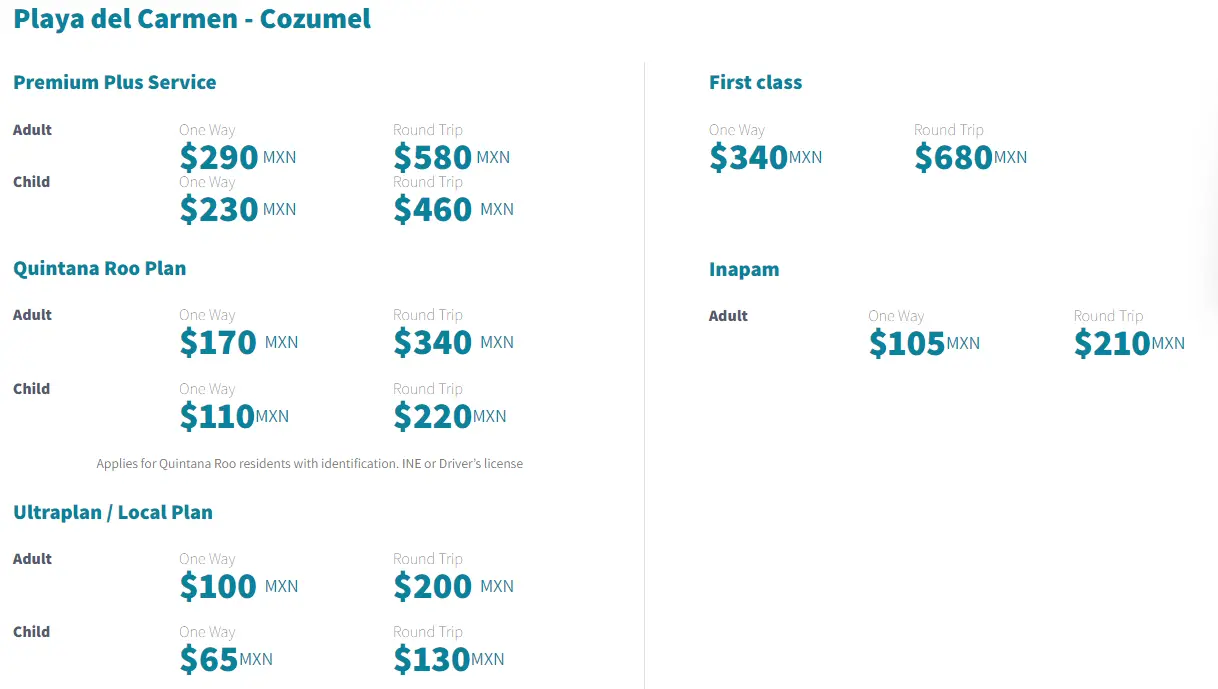 Ferry prices to Cozumel Timetable for the Ferry to Cozumel