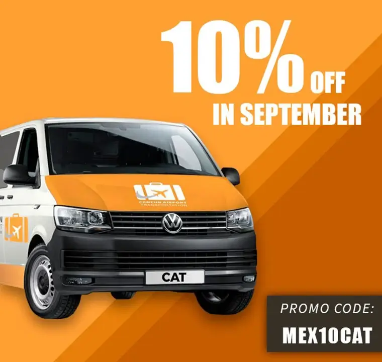 Banner including a van labeled with Cancun Airport Transportation corporate image, an orange suitcase with a plane on the inside, some text saying Private Transportation. Provided only for you and your party and a drawn button with the legend Book now.